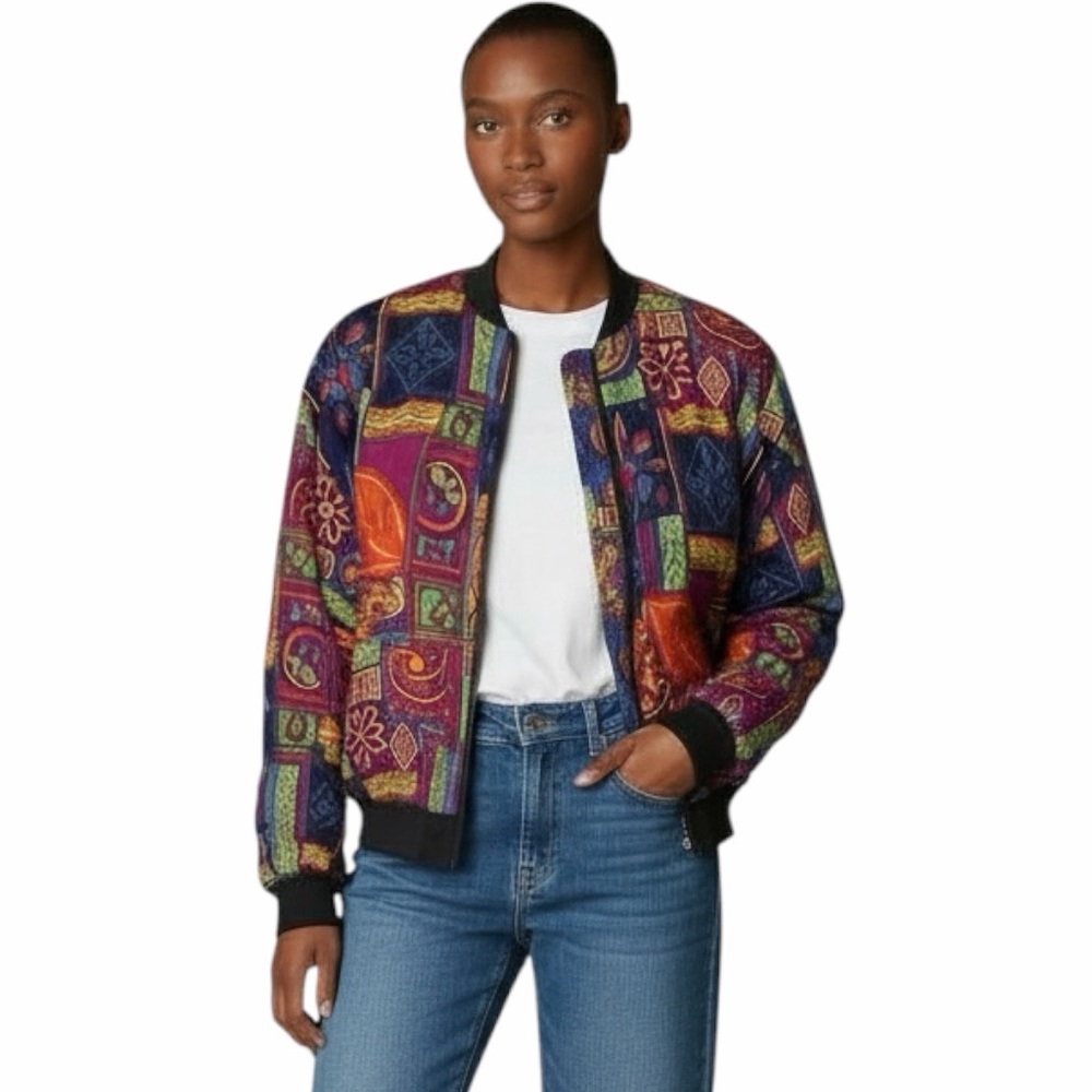 Vintage Funky Geometric Floral Lightweight Quilted Jacket - Women's Size Small‎